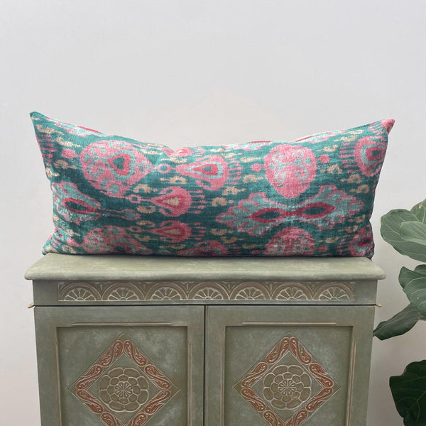 IKAT cushion cover - Petrol Green and Pink Velvet-  40 x 90 cm