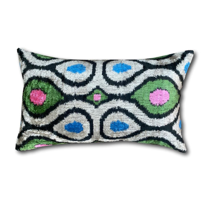 Green, Blue and Pink Velvet IKAT cushion cover - 30 x 50 cm