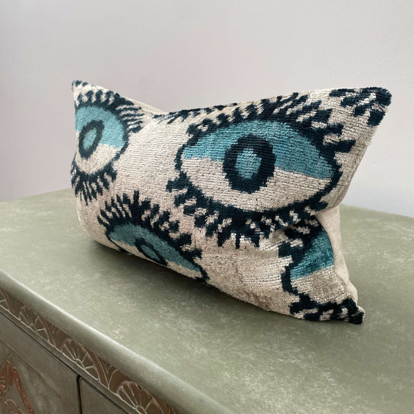Small Blue Eye Velvet IKAT cushion cover 25 x 40 cm