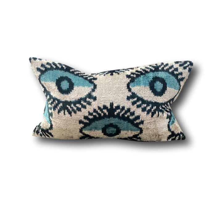 Small Blue Eye Velvet IKAT cushion cover 25 x 40 cm
