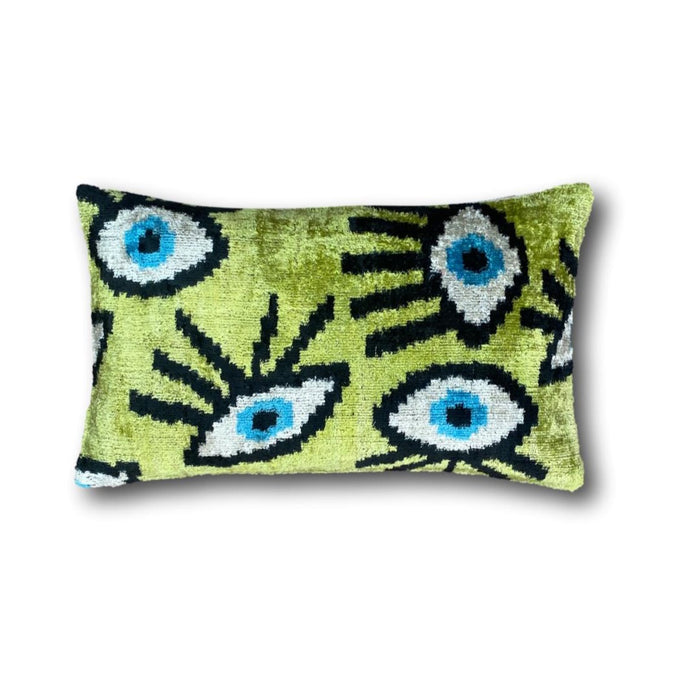 Small Lime Green Eye Velvet IKAT cushion cover 25 x 40 cm