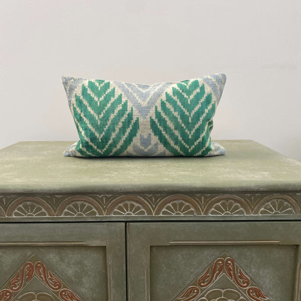 Small Green Velvet IKAT cushion cover 25 x 40 cm