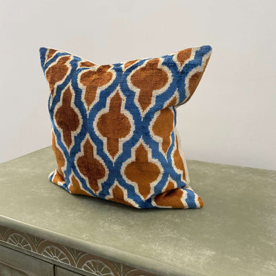 Blue and Rust Velvet IKAT cushion cover - 40 x 40 cm