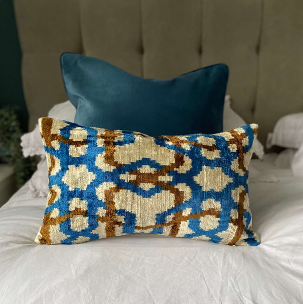 Blue and Rust Trellis Ikat Velvet cushion cover - 30 x 50 cm