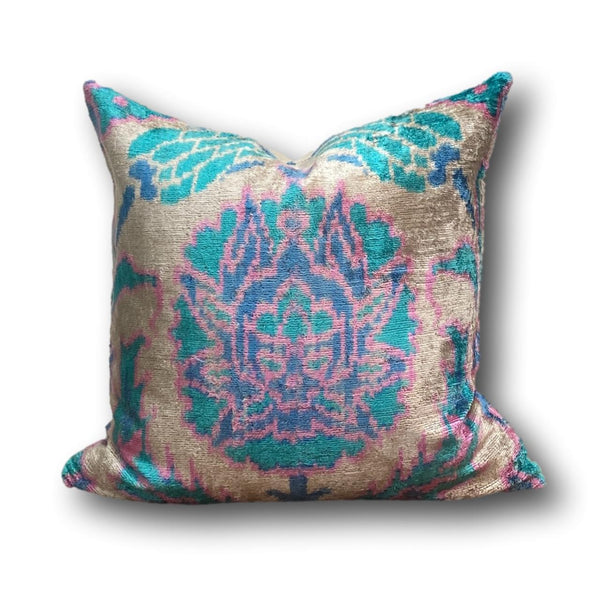 IKAT cushion cover - Aqua and Pink - Velvet -  50 x 50 cm