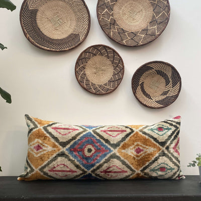 IKAT cushion cover - Lumbar Mustard and Green Velvet-  40 x 90 cm