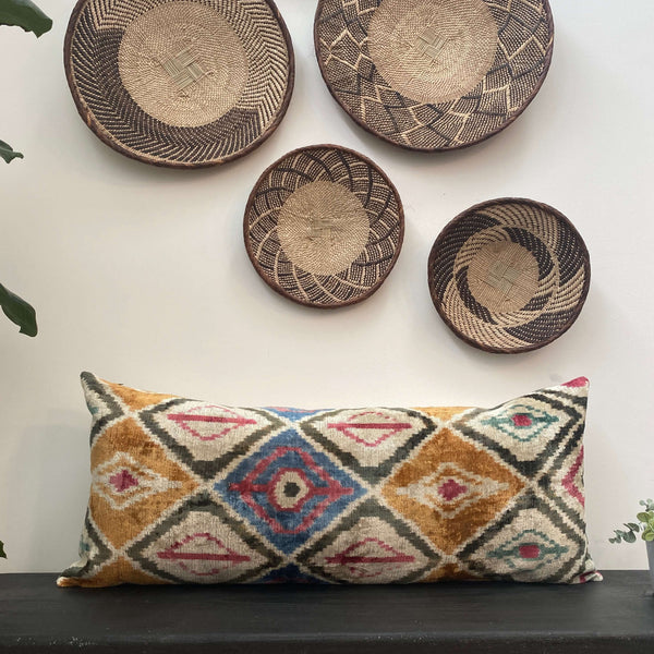 IKAT cushion cover - Lumbar Mustard and Green Velvet-  40 x 90 cm
