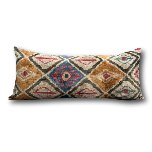 IKAT cushion cover - Lumbar Mustard and Green Velvet-  40 x 90 cm