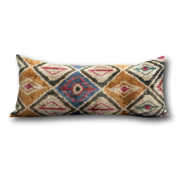 IKAT cushion cover - Lumbar Mustard and Green Velvet-  40 x 90 cm