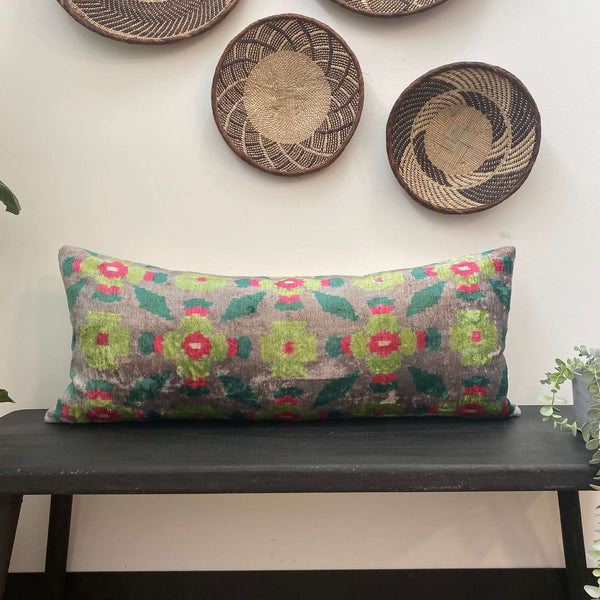 IKAT cushion cover - Lumbar Green Flowers Velvet-  40 x 90 cm