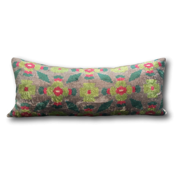 IKAT cushion cover - Lumbar Green Flowers Velvet-  40 x 90 cm
