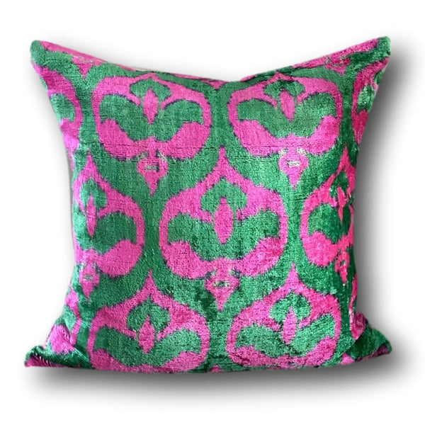 IKAT cushion cover - Bright pink and green- Velvet -  50 x 50 cm