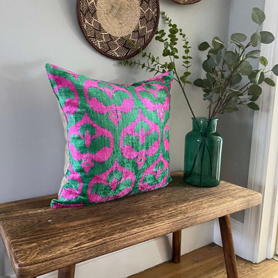 IKAT cushion cover - Bright pink and green- Velvet -  50 x 50 cm