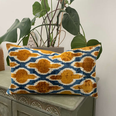 Blue and Rust Ikat Velvet cushion cover - 30 x 50 cm