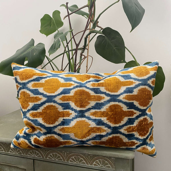 Blue and Rust Lattice Ikat Velvet cushion cover - 40 x 60 cm