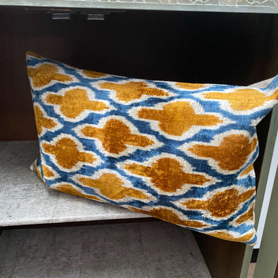 Blue and Rust Lattice Ikat Velvet cushion cover - 40 x 60 cm