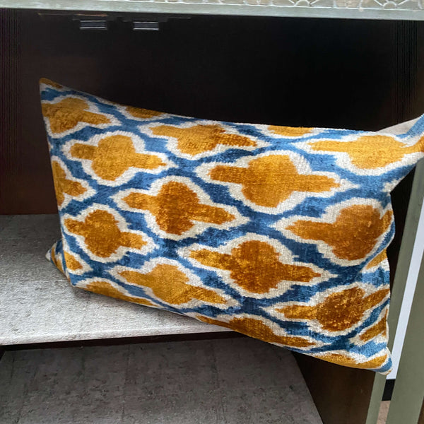 Blue and Rust Lattice Ikat Velvet cushion cover - 40 x 60 cm