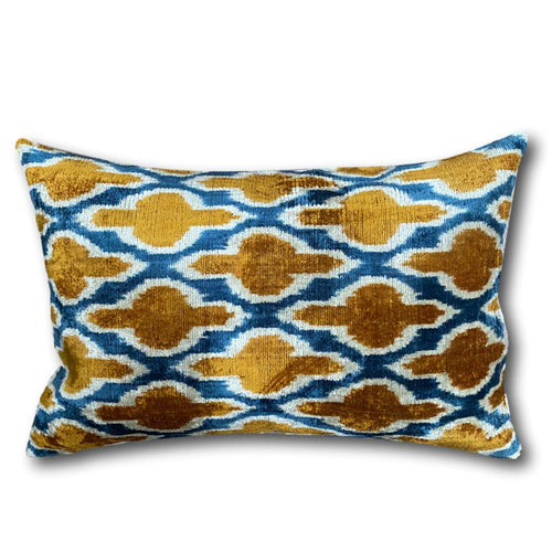 Blue and Rust Lattice Ikat Velvet cushion cover - 40 x 60 cm