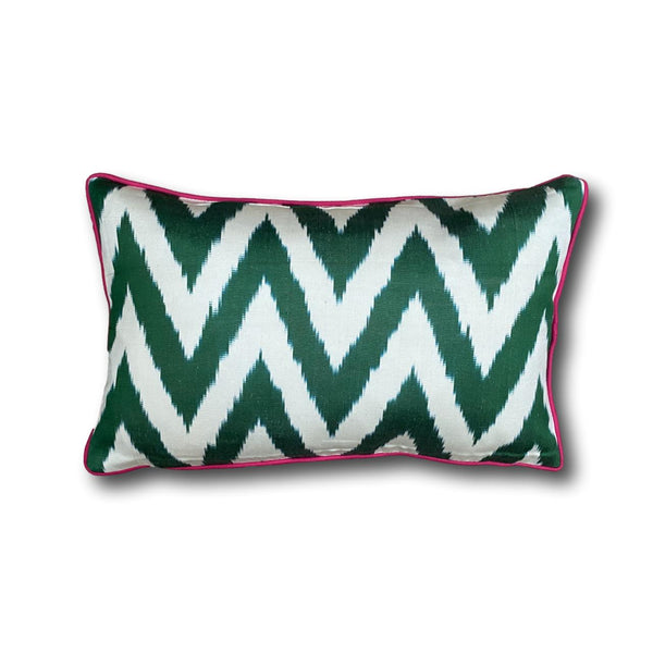 IKAT cushion cover -  Small Double Sided Green Zigzag with Pink Piping 25 x 40 cm