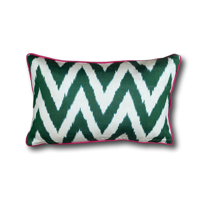 IKAT cushion cover -  Small Double Sided Green Zigzag with Pink Piping 25 x 40 cm