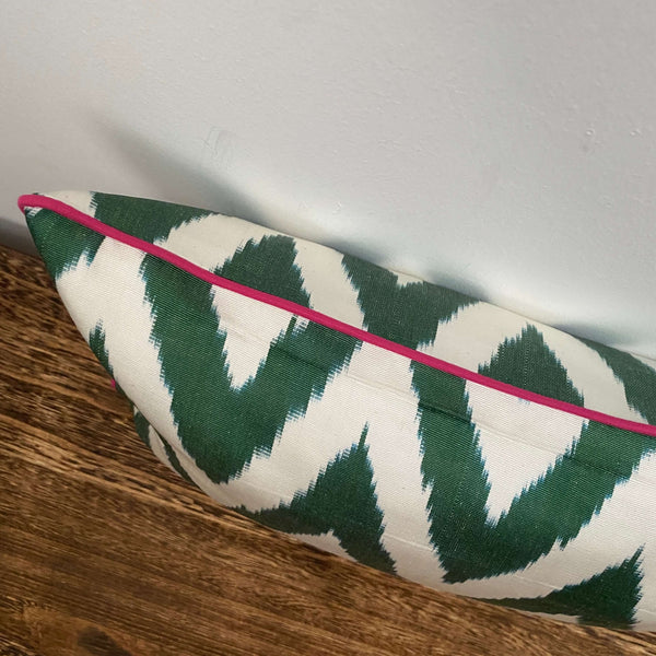 IKAT cushion cover -  Small Double Sided Green Zigzag with Pink Piping 25 x 40 cm