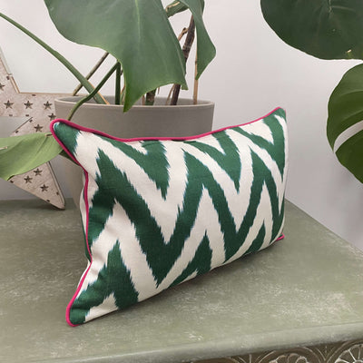 IKAT cushion cover -  Small Double Sided Green Zigzag with Pink Piping 25 x 40 cm