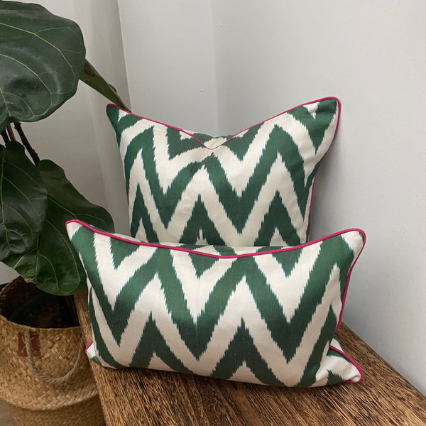 Double Sided IKAT cushion cover - Green Zigzag with Pink Piping - 40 x 40 cm