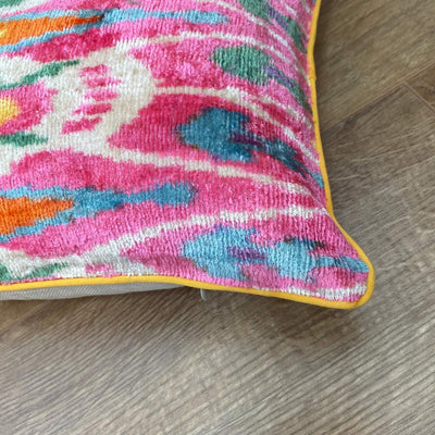 IKAT cushion cover -  Pink with Yellow Piping - Velvet - 30 x 50 cm