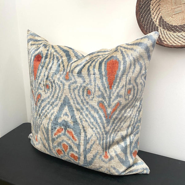 IKAT cushion cover - Blue and Orange Velvet -  60 x 60 cm