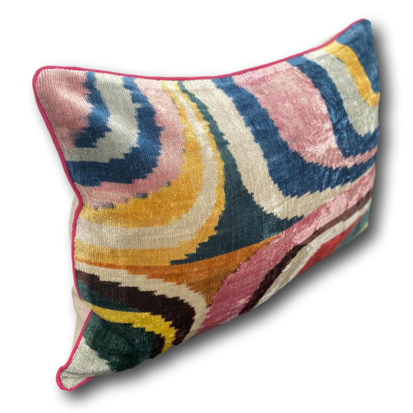 Velvet IKAT cushion cover - With Pink Piping - 40 x 60 cm