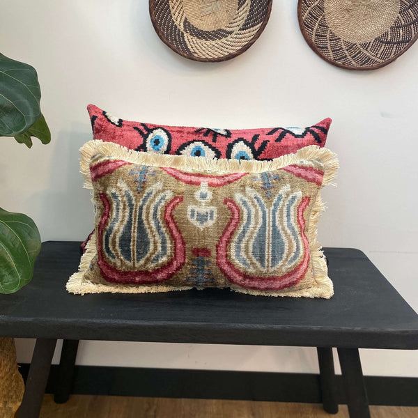 Tulip Double Sided Silk and Velvet Ikat cushion cover with fringe - 30 x 50 cm
