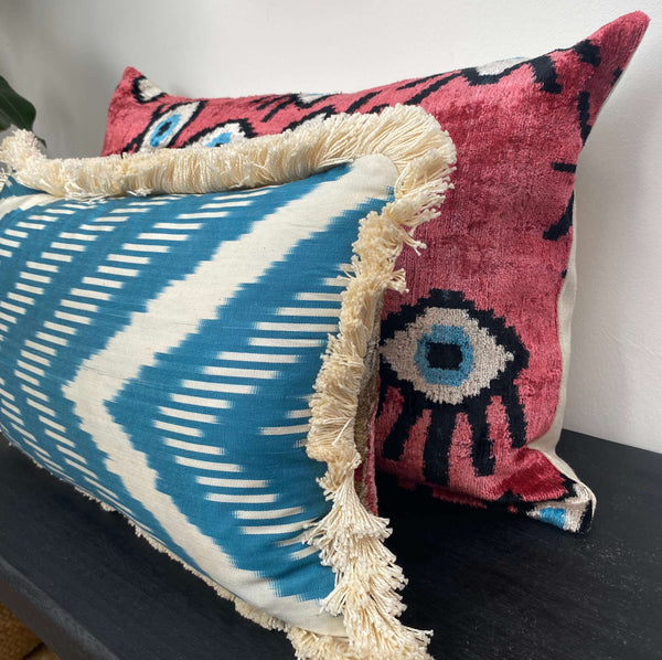 Tulip Double Sided Silk and Velvet Ikat cushion cover with fringe - 30 x 50 cm