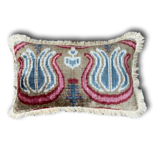 Tulip Double Sided Silk and Velvet Ikat cushion cover with fringe - 30 x 50 cm