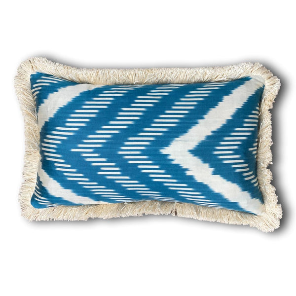 Tulip Double Sided Silk and Velvet Ikat cushion cover with fringe - 30 x 50 cm