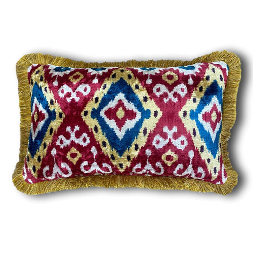 Double Sided Silk and Velvet Ikat cushion cover with fringe - 30 x 50 cm