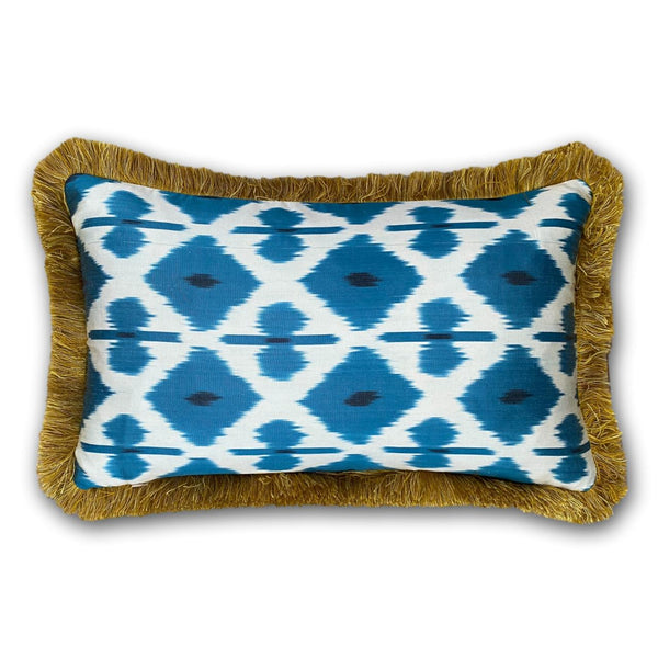 Double Sided Silk and Velvet Ikat cushion cover with fringe - 30 x 50 cm