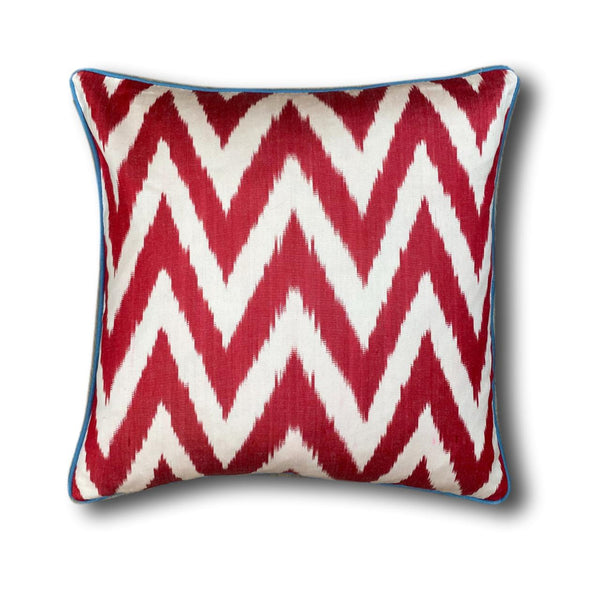 Double Sided IKAT cushion cover - Red Zigzag with Blue Piping - 40 x 40 cm