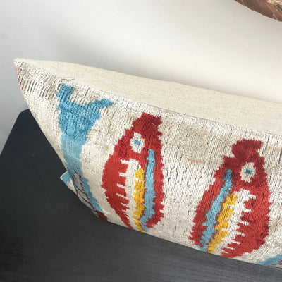 IKAT cushion cover - Lumbar Blue, Red and Yellow Velvet-  40 x 90 cm