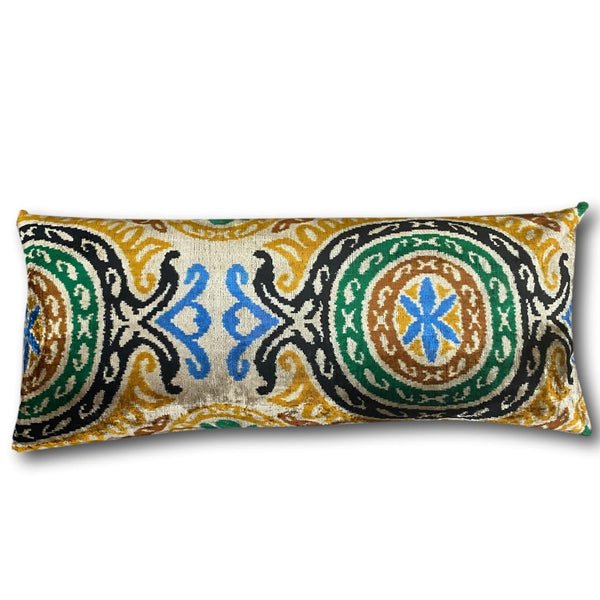 IKAT cushion cover - Lumbar Gold Black and Green Velvet-  40 x 90 cm