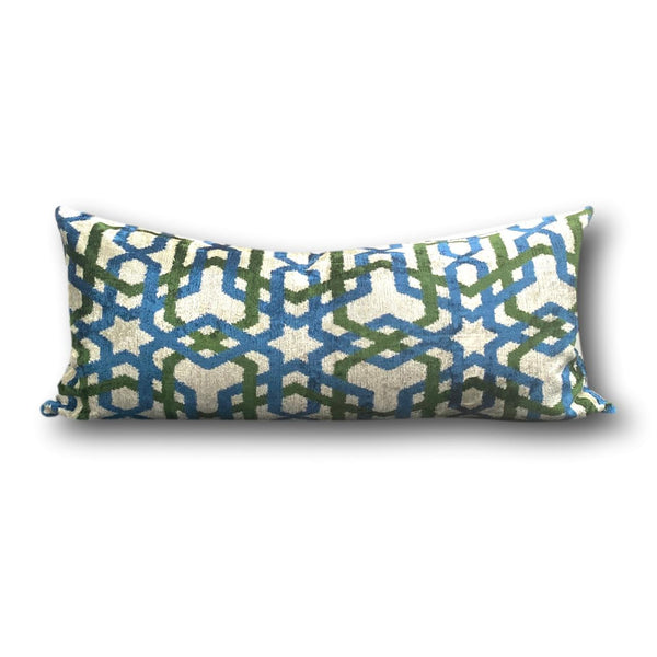 IKAT cushion cover - Lumbar Green and Blue Velvet-  40 x 90 cm