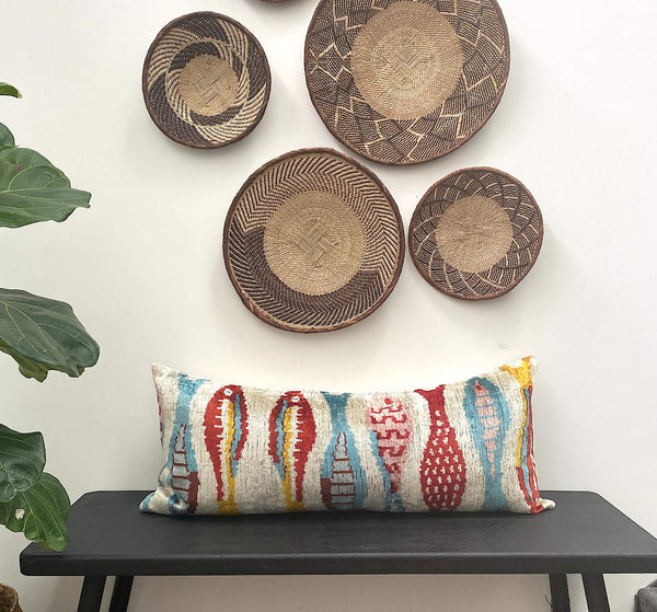 IKAT cushion cover - Lumbar Blue, Red and Yellow Velvet-  40 x 90 cm