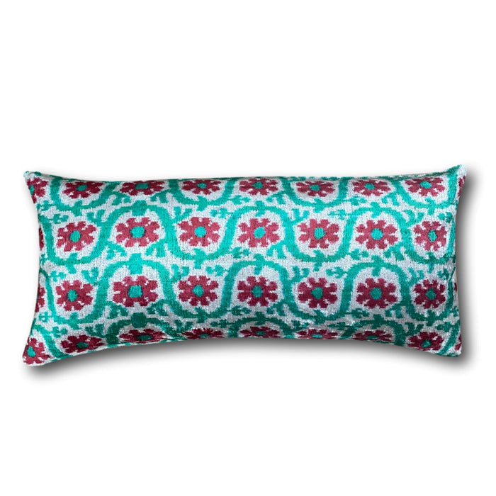 IKAT cushion cover - Lumbar Green and Red Velvet-  40 x 90 cm