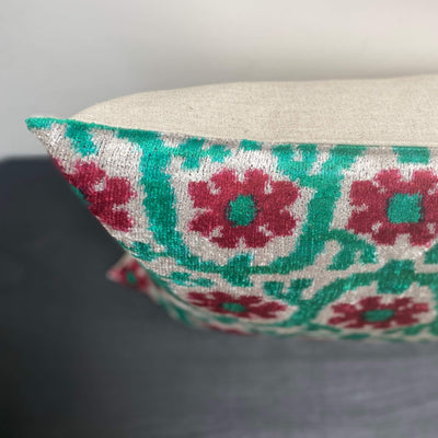 IKAT cushion cover - Lumbar Green and Red Velvet-  40 x 90 cm