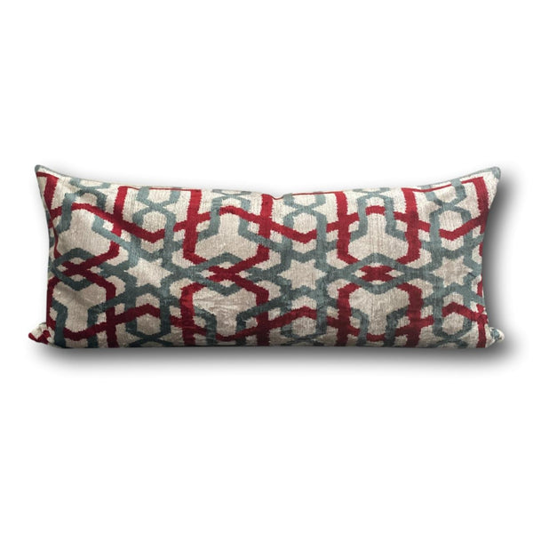 IKAT cushion cover - Lumbar Red and Grey Velvet-  40 x 90 cm