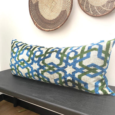 IKAT cushion cover - Lumbar Green and Blue Velvet-  40 x 90 cm