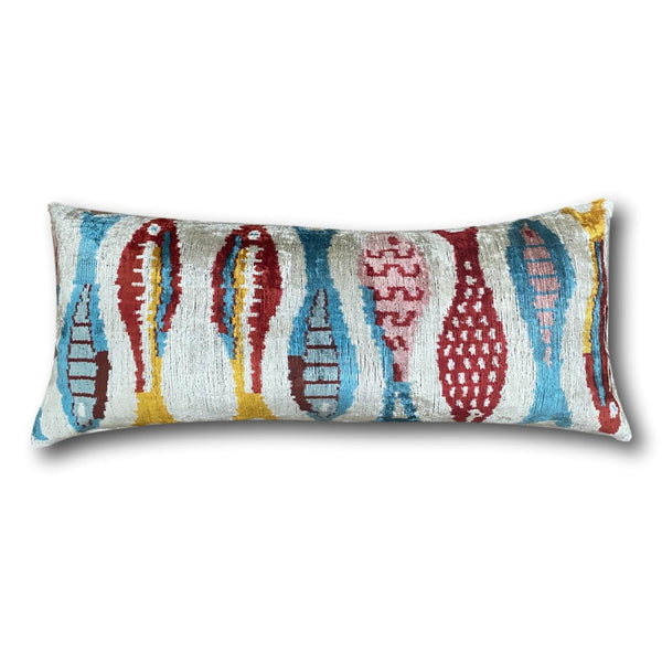 IKAT cushion cover - Lumbar Blue, Red and Yellow Velvet-  40 x 90 cm