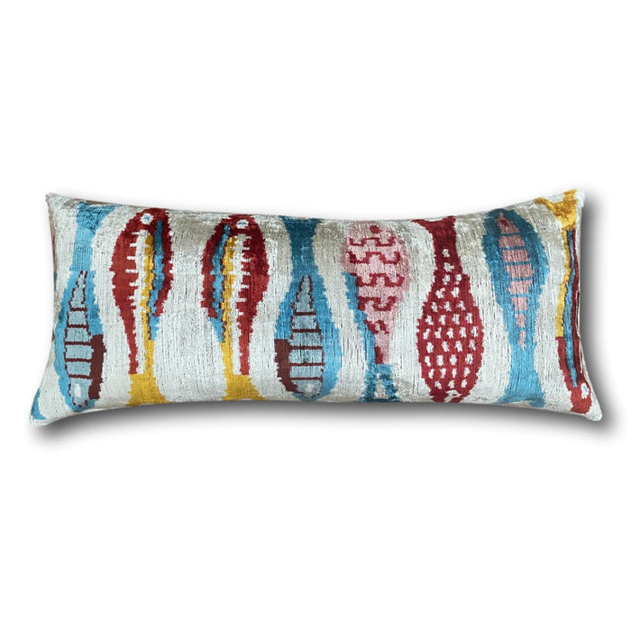 IKAT cushion cover - Lumbar Blue, Red and Yellow Velvet-  40 x 90 cm