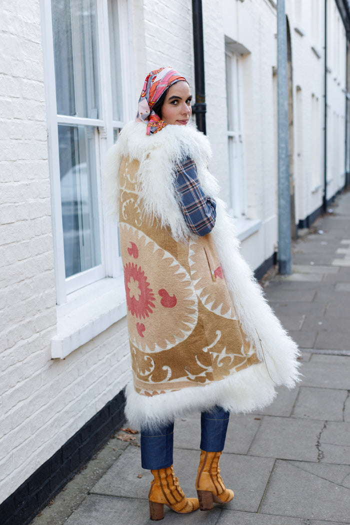 Vintage Suzani Gilet -Tan/ Red -Size Small