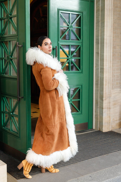 Shearling Maxi Coat With Detachable Hood - Tan