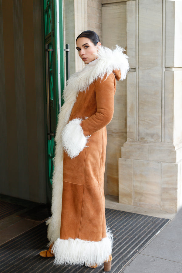 Shearling Maxi Coat With Detachable Hood - Tan